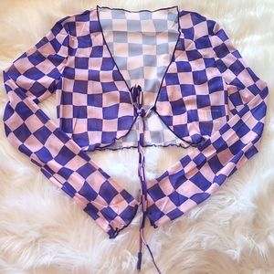 Purple checkerboard tie front crop top 💜